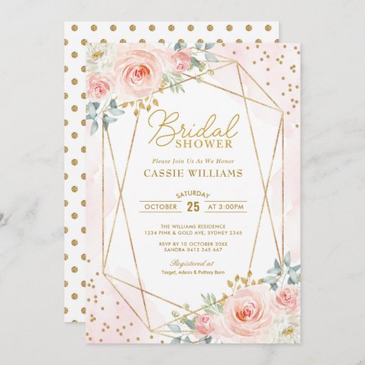 シックな水彩画の赤面の金ゴールドの幾何学的なブライダルシャワー 招待状 (正面/裏面)