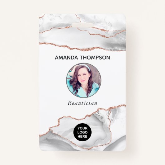 シックな水彩白とバラ金ゴールド瑪瑙ビジネス バッジ (正面)