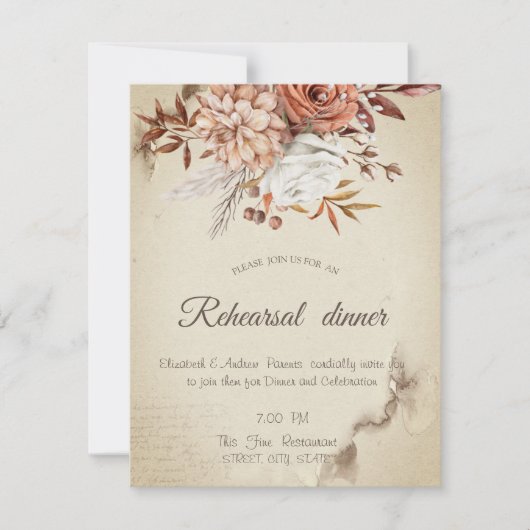 シックな水彩秋の花リハーサルディナー 招待状 (正面)