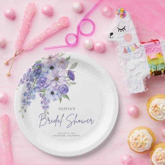 シックな水彩紫色の花のスクリプトブライダルシャワー ペーパープレート (パーティー)