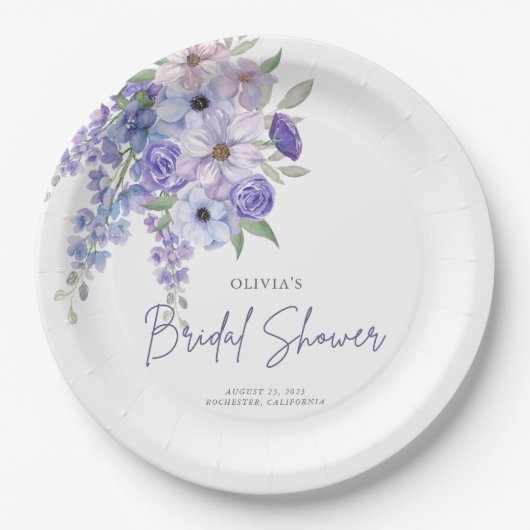 シックな水彩紫色の花のスクリプトブライダルシャワー ペーパープレート (正面)