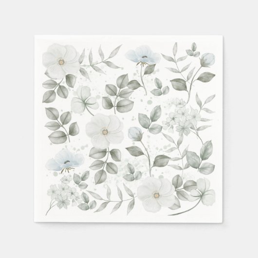 シックな水彩緑と白い花模様 スタンダードカクテルナプキン (正面)
