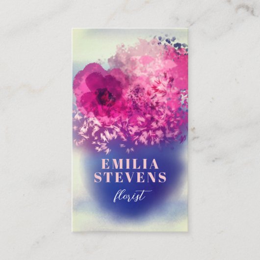 シックな水彩色ピンクとブルゴーニュフローラ 名刺 (正面)