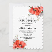 シックな水彩赤いポピー緑50誕生日 招待状 (正面)