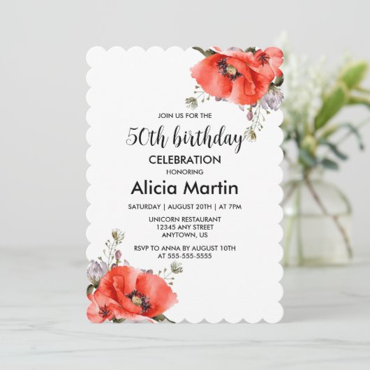シックな水彩赤いポピー緑50誕生日 招待状 (スタンド正面)