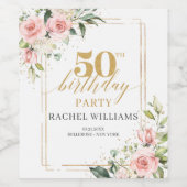 シックな水彩赤面花金ゴールド50th誕生日 ワインラベル (シングルラベル)