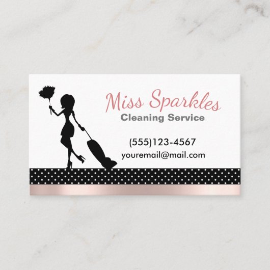 シックな水玉模様&ピンクフォイルメイドクリーニングサービス 名刺 (正面)