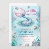 シックな水色のターコイズマーメイドテール誕生日 招待状 (正面/裏面)