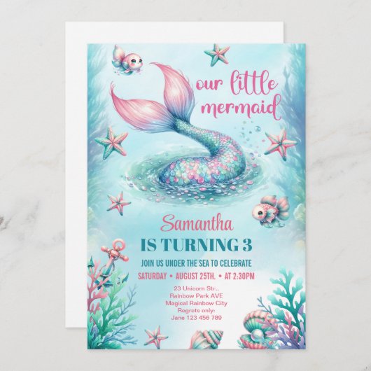 シックな水色のターコイズマーメイドテール誕生日 招待状 (正面/裏面)