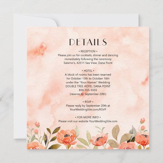 シックな水色のフローラ結婚が1つにまとまっている 招待状 (裏面)