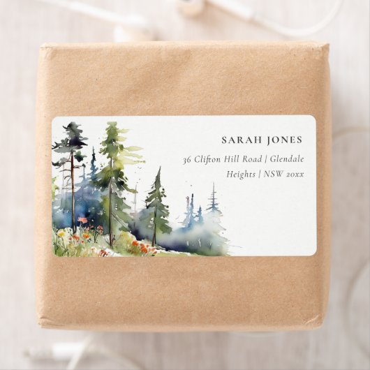 シックな水色の松の森の風景アドレス ラベル (インサイチュ)