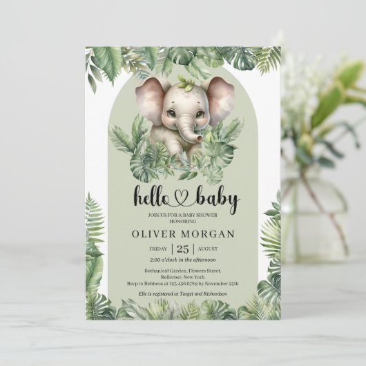 シックな水色の熱帯の緑のかわいい象 招待状 (スタンド正面)
