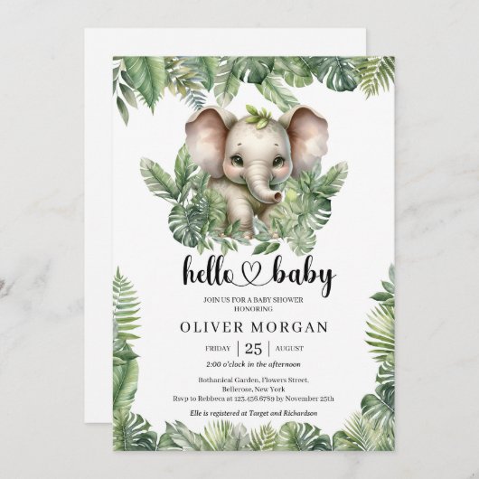 シックな水色の熱帯の緑のかわいい象 招待状 (正面/裏面)