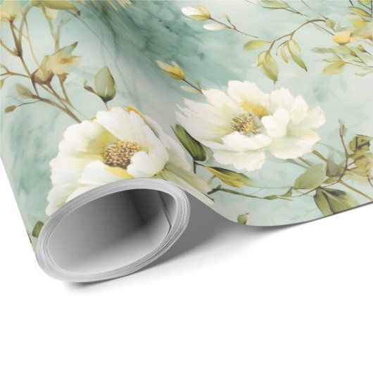 シックな水色の白いワイルドフラワーの緑の葉 ラッピングペーパー (ロールコーナー)