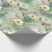 シックな水色の白いワイルドフラワーの緑の葉 ラッピングペーパー (角)