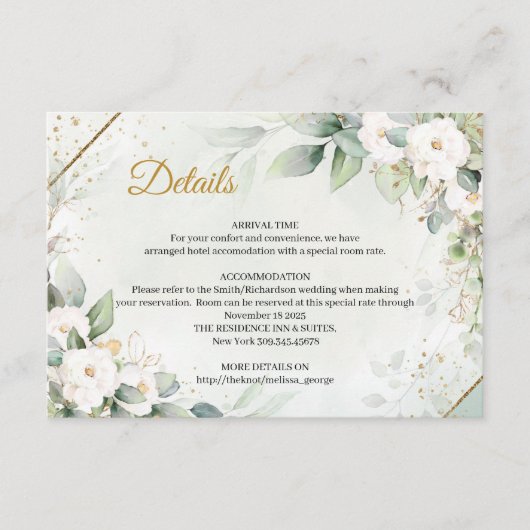 シックな水色の白い花ユーカリ金ゴールド エンクロージャーカード (正面)