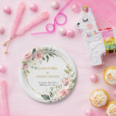 シックな水色の赤い花ユーカリプトゥスゴールド ペーパープレート (パーティー)