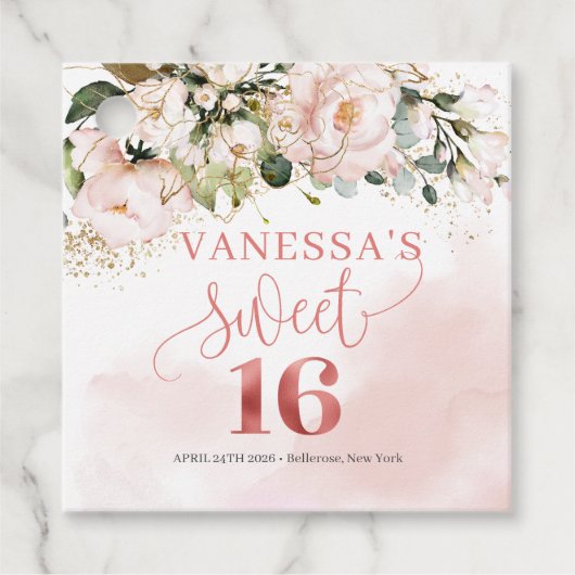 シックな水色の赤面花バラ金ゴールド甘い16th フェイバータグ (正面)