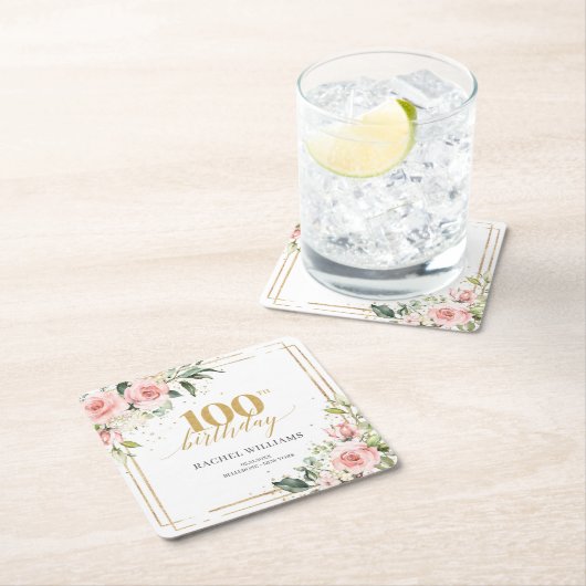 シックな水色の赤面花boho 100誕生日 スクエアペーパーコースター (インサイチュ)