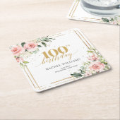 シックな水色の赤面花boho 100誕生日 スクエアペーパーコースター (アングル)