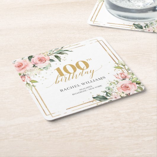 シックな水色の赤面花boho 100誕生日 スクエアペーパーコースター (アングル)