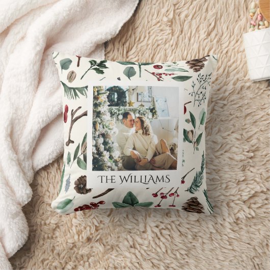 シックな水色クリスマスボタニカルリーフ写真 クッション (ブランケット)