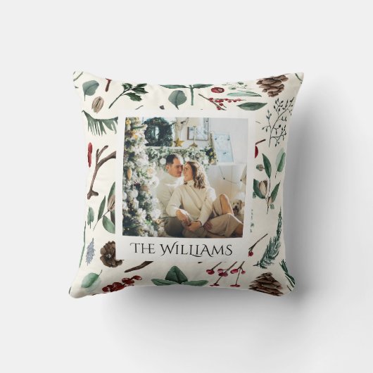 シックな水色クリスマスボタニカルリーフ写真 クッション (裏面)