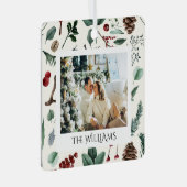 シックな水色クリスマスボタニカルリーフ写真 メタルオーナメント (正面右)