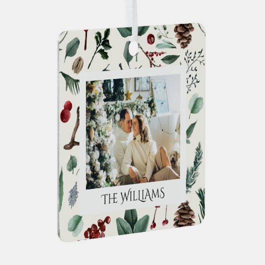 シックな水色クリスマスボタニカルリーフ写真 メタルオーナメント (正面右)