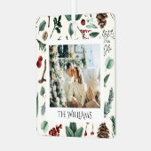 シックな水色クリスマスボタニカルリーフ写真 メタルオーナメント (正面左)