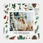 シックな水色クリスマスボタニカルリーフ写真 メタルオーナメント (正面)