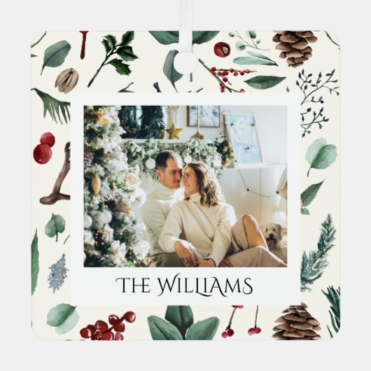 シックな水色クリスマスボタニカルリーフ写真 メタルオーナメント (正面)