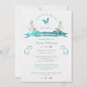 シックな水色バナーバタフライブライダルシャワー 招待状 (正面)