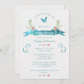 シックな水色バナーバタフライブライダルシャワー 招待状 (正面/裏面)