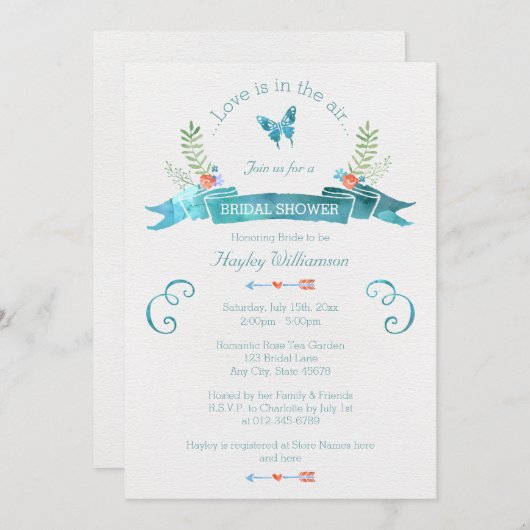 シックな水色バナーバタフライブライダルシャワー 招待状 (正面/裏面)