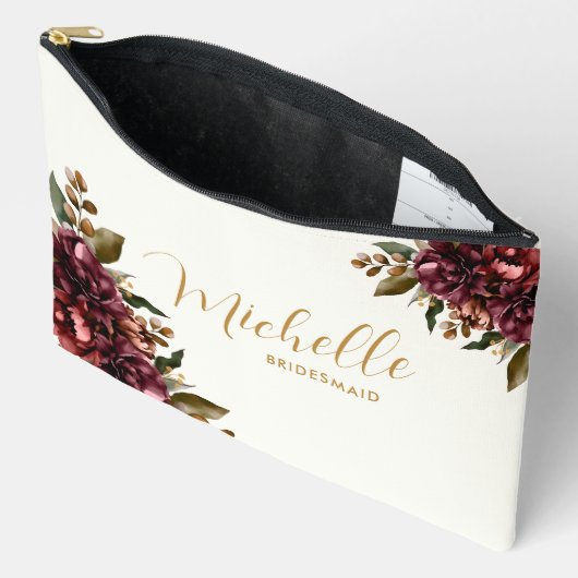 シックな水色バーガンディフローラブーケブライドメイド アクセサリーポーチ (見開き)