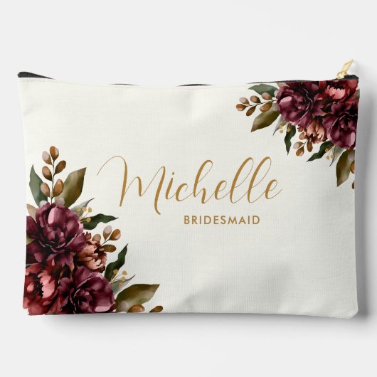 シックな水色バーガンディフローラブーケブライドメイド アクセサリーポーチ (裏面)