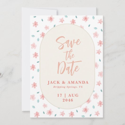 シックな水色ピンクのフローラ結婚式の日付を保存 招待状 (正面)