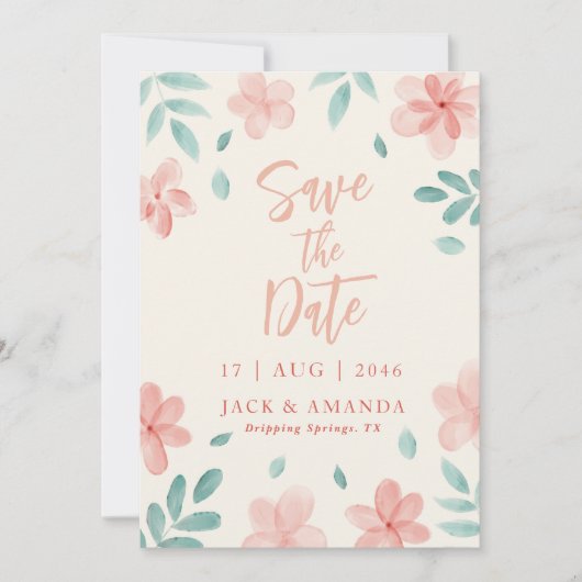 シックな水色ピンクのフローラ結婚式の日付を保存 招待状 (正面)