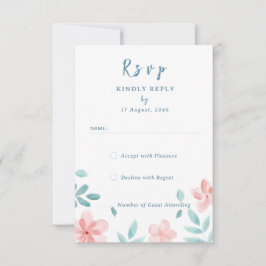 シックな水色ピンクフローラ招待状RSVPカード 出欠カード