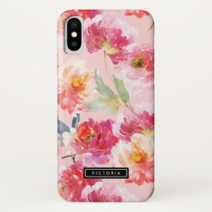 シックな水色ピンク牡丹フローラルパターン iPhone X ケース