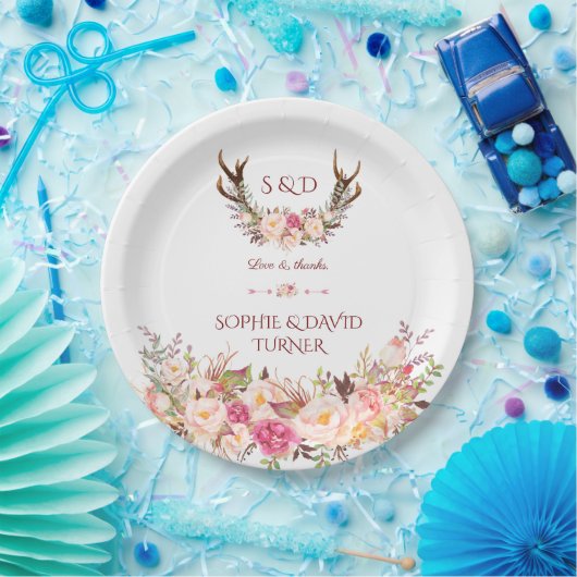 シックな水色ピンク赤面フローラ結婚〔雄ジカの〕枝角 ペーパープレート (パーティー)
