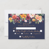 シックな水色フローラネイビーブルーウェディングRSVPカード 出欠カード (正面)