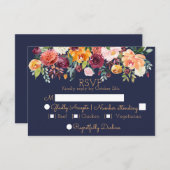 シックな水色フローラネイビーブルーウェディングRSVPカード 出欠カード (正面/裏面)