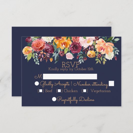 シックな水色フローラネイビーブルーウェディングRSVPカード 出欠カード (正面/裏面)