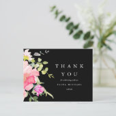 シックな水色フローラ赤ちゃんシャワーありがとうブラック ポストカード (スタンド正面)