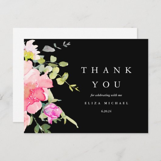 シックな水色フローラ赤ちゃんシャワーありがとうブラック ポストカード (正面/裏面)