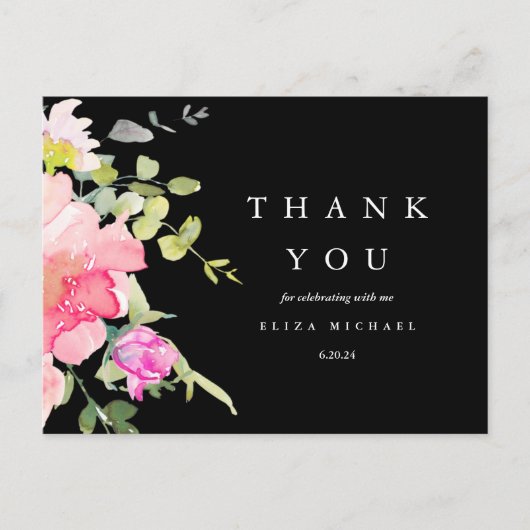 シックな水色フローラ赤ちゃんシャワーありがとうブラック ポストカード (正面)