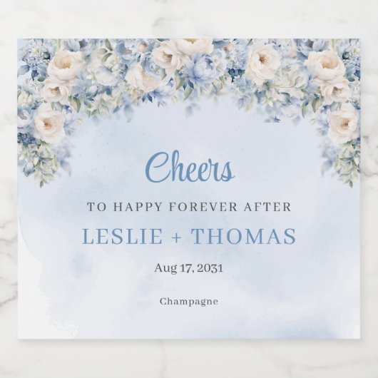 シックな水色ブルーとアイボリーバラユーカリ スパークリングワインラベル (シングルラベル)