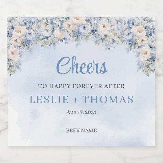 シックな水色ブルーとアイボリーバラユーカリ ビールラベル (シングルラベル)